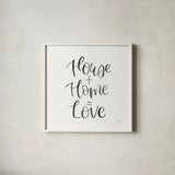 Home Sweet Home III BW by Jenaya Jackson. Shown in a crisp white glass frame for a clean and minimalist style. Available as an archival giclee rolled canvas, fine art paper, or poster print. SKU 64040a.