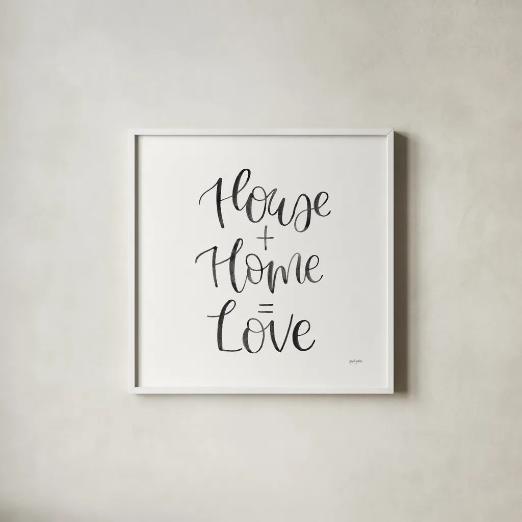 Home Sweet Home III BW by Jenaya Jackson. Shown in a crisp white glass frame for a clean and minimalist style. Available as an archival giclee rolled canvas, fine art paper, or poster print. SKU 64040a.