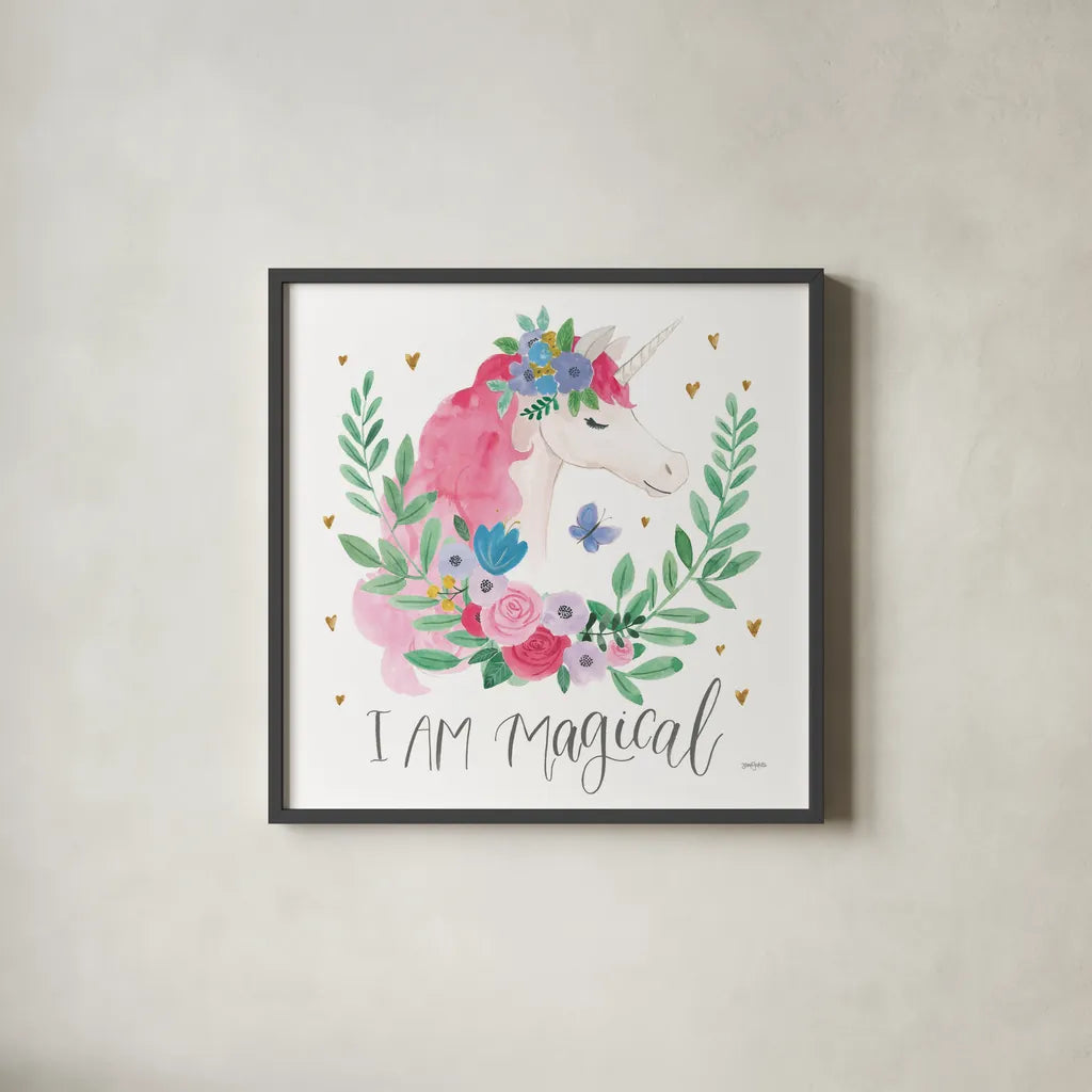 I Am Magical Friends III Butterfly by Jenaya Jackson. Shown in a sleek black glass frame for a contemporary gallery look. Available as an archival giclee rolled canvas, fine art paper, or poster print. SKU 59210a.