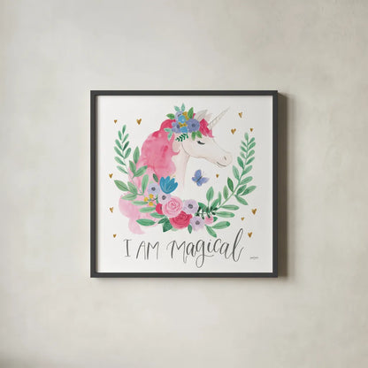 I Am Magical Friends III Butterfly by Jenaya Jackson. Shown in a sleek black glass frame for a contemporary gallery look. Available as an archival giclee rolled canvas, fine art paper, or poster print. SKU 59210a.