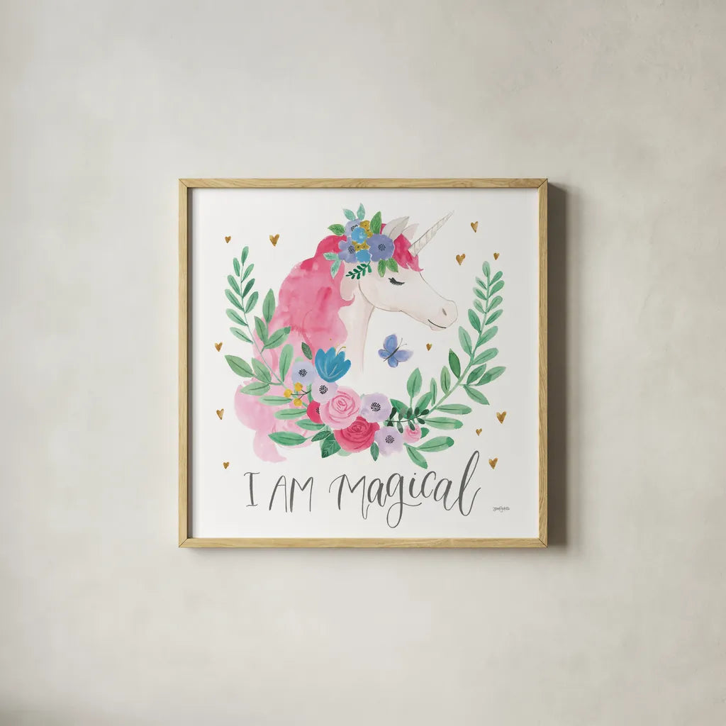 I Am Magical Friends III Butterfly by Jenaya Jackson. Shown in a natural wood glass frame for a timeless modern aesthetic. Available as an archival giclee rolled canvas, fine art paper, or poster print. SKU 59210a.
