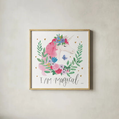 I Am Magical Friends III Butterfly by Jenaya Jackson. Shown in a natural wood glass frame for a timeless modern aesthetic. Available as an archival giclee rolled canvas, fine art paper, or poster print. SKU 59210a.