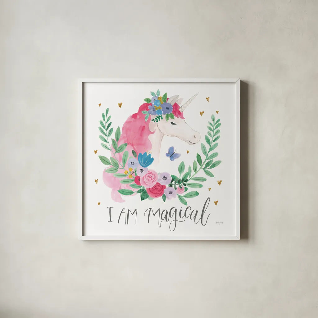 I Am Magical Friends III Butterfly by Jenaya Jackson. Shown in a crisp white glass frame for a clean and minimalist style. Available as an archival giclee rolled canvas, fine art paper, or poster print. SKU 59210a.