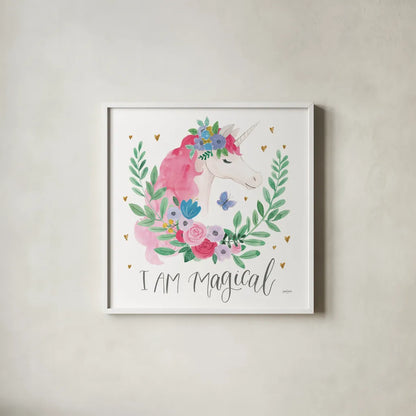 I Am Magical Friends III Butterfly by Jenaya Jackson. Shown in a crisp white glass frame for a clean and minimalist style. Available as an archival giclee rolled canvas, fine art paper, or poster print. SKU 59210a.