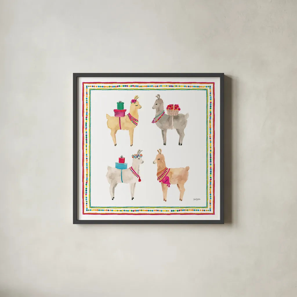 La La Llama V by Jenaya Jackson. Shown in a sleek black glass frame for a contemporary gallery look. Available as an archival giclee rolled canvas, fine art paper, or poster print. SKU 37808a.