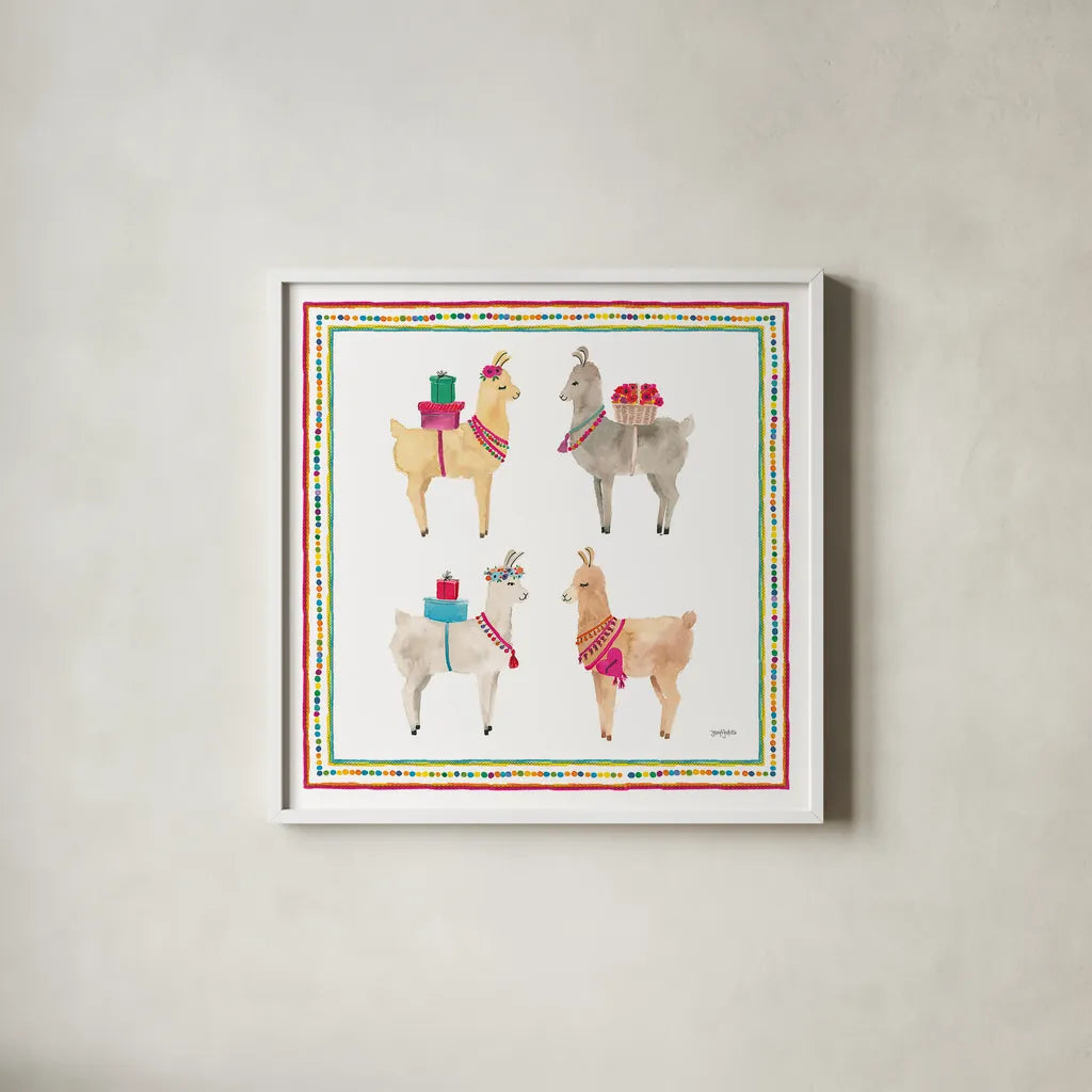 La La Llama V by Jenaya Jackson. Shown in a crisp white glass frame for a clean and minimalist style. Available as an archival giclee rolled canvas, fine art paper, or poster print. SKU 37808a.