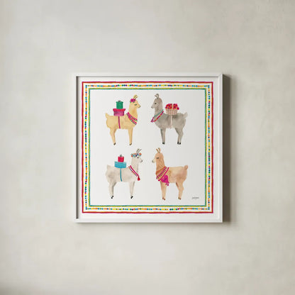 La La Llama V by Jenaya Jackson. Shown in a crisp white glass frame for a clean and minimalist style. Available as an archival giclee rolled canvas, fine art paper, or poster print. SKU 37808a.