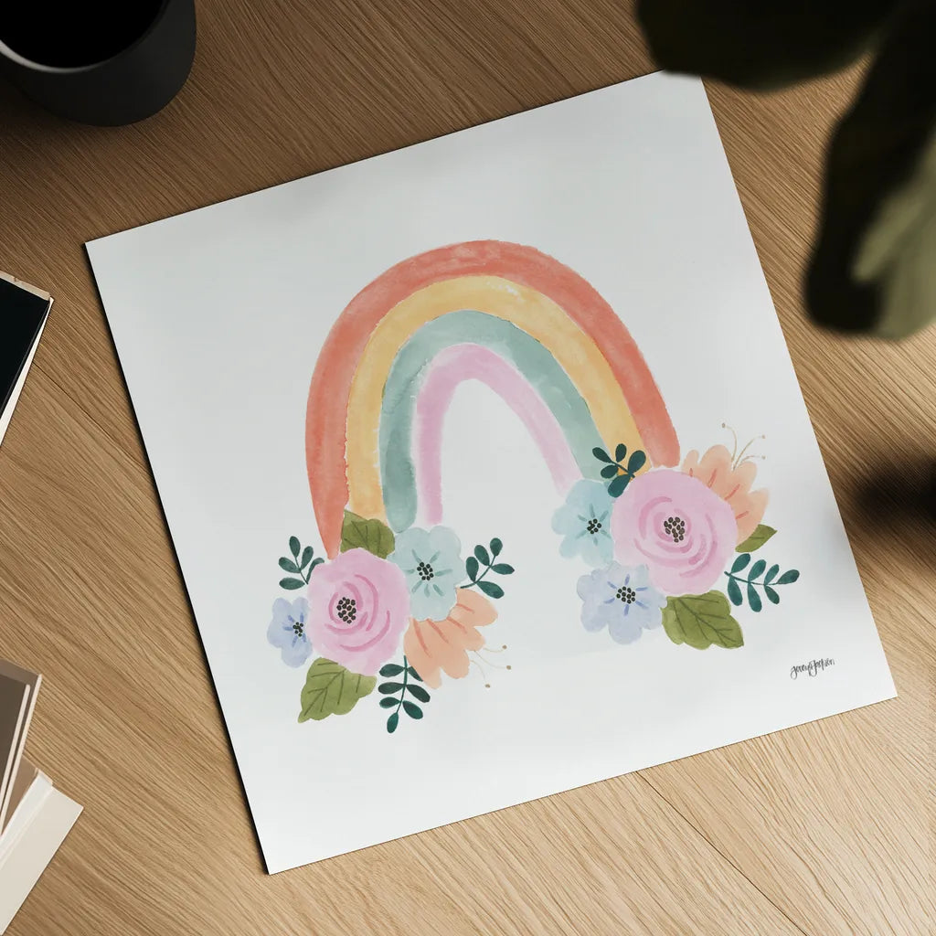 Lets Chase Rainbows I No Words Sq by Jenaya Jackson. Shown as a detailed flat fine art print, highlighting archival giclee quality. Available as an archival giclee rolled canvas, fine art paper, or poster print. SKU 83564a.