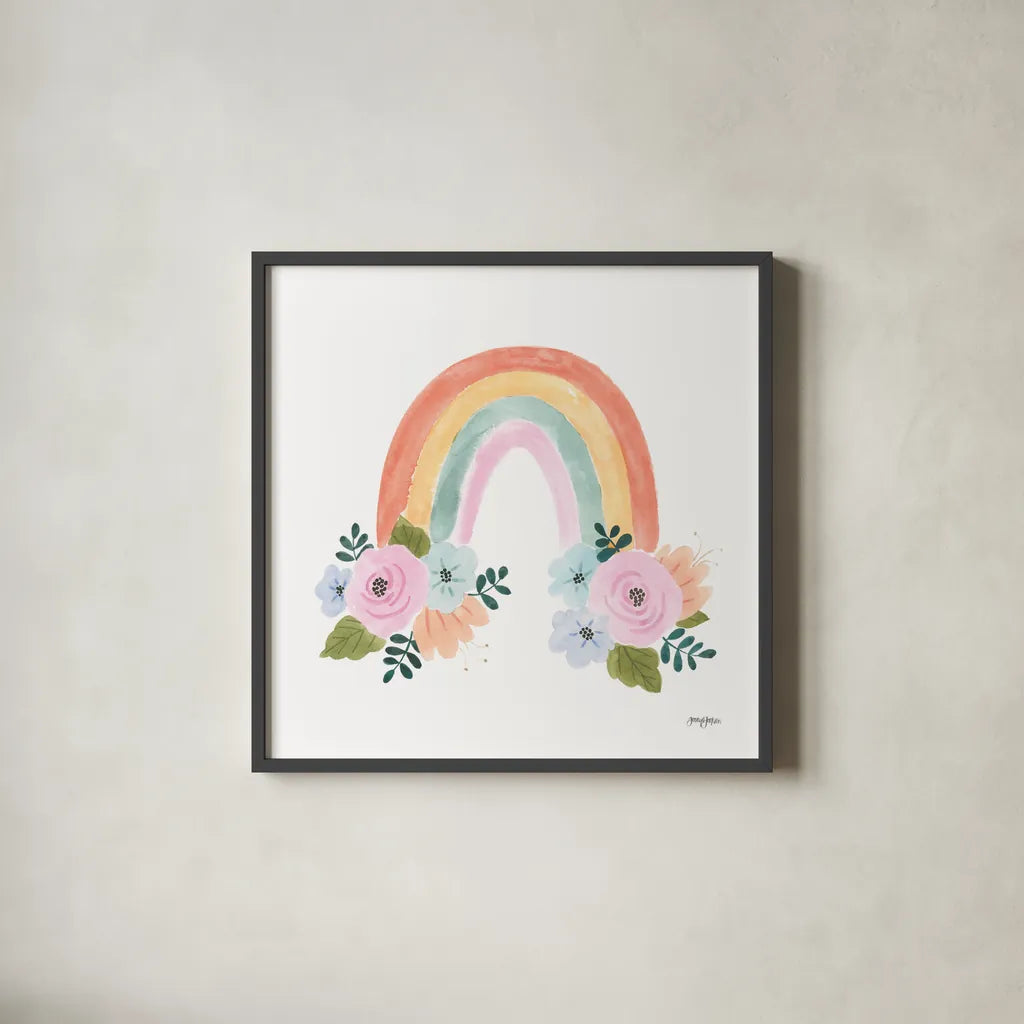 Lets Chase Rainbows I No Words Sq by Jenaya Jackson. Shown in a sleek black glass frame for a contemporary gallery look. Available as an archival giclee rolled canvas, fine art paper, or poster print. SKU 83564a.