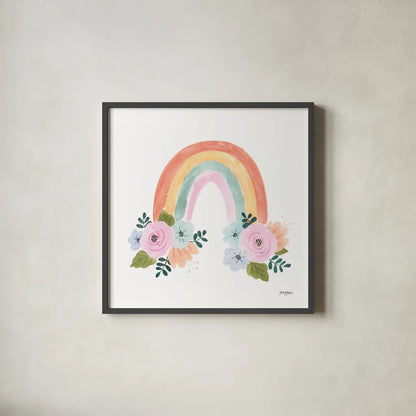 Lets Chase Rainbows I No Words Sq by Jenaya Jackson. Shown in a sleek black glass frame for a contemporary gallery look. Available as an archival giclee rolled canvas, fine art paper, or poster print. SKU 83564a.