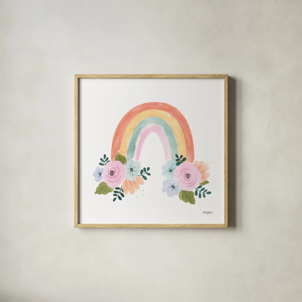 Lets Chase Rainbows I No Words Sq by Jenaya Jackson. Shown in a natural wood glass frame for a timeless modern aesthetic. Available as an archival giclee rolled canvas, fine art paper, or poster print. SKU 83564a.