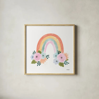 Lets Chase Rainbows I No Words Sq by Jenaya Jackson. Shown in a natural wood glass frame for a timeless modern aesthetic. Available as an archival giclee rolled canvas, fine art paper, or poster print. SKU 83564a.