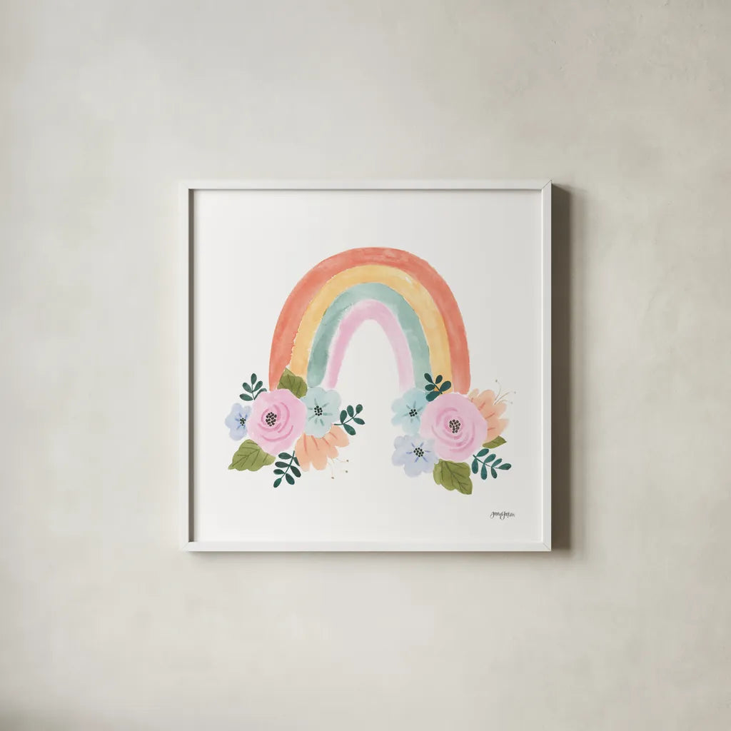 Lets Chase Rainbows I No Words Sq by Jenaya Jackson. Shown in a crisp white glass frame for a clean and minimalist style. Available as an archival giclee rolled canvas, fine art paper, or poster print. SKU 83564a.