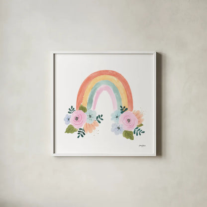 Lets Chase Rainbows I No Words Sq by Jenaya Jackson. Shown in a crisp white glass frame for a clean and minimalist style. Available as an archival giclee rolled canvas, fine art paper, or poster print. SKU 83564a.