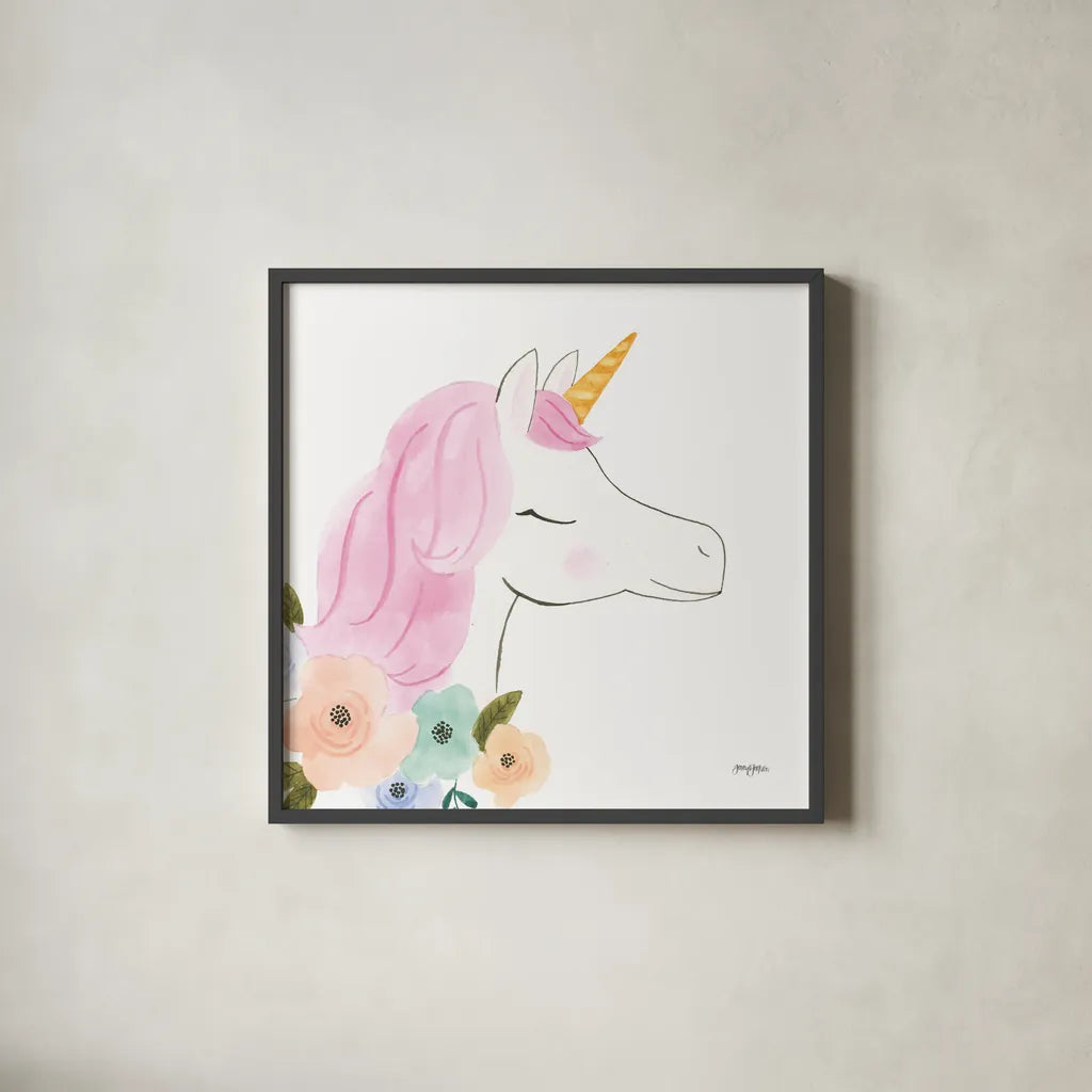 Lets Chase Rainbows IV Sq by Jenaya Jackson. Shown in a sleek black glass frame for a contemporary gallery look. Available as an archival giclee rolled canvas, fine art paper, or poster print. SKU 83565a.