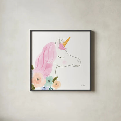 Lets Chase Rainbows IV Sq by Jenaya Jackson. Shown in a sleek black glass frame for a contemporary gallery look. Available as an archival giclee rolled canvas, fine art paper, or poster print. SKU 83565a.