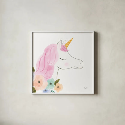 Lets Chase Rainbows IV Sq by Jenaya Jackson. Shown in a crisp white glass frame for a clean and minimalist style. Available as an archival giclee rolled canvas, fine art paper, or poster print. SKU 83565a.