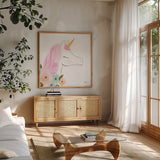 Lets Chase Rainbows IV Sq by Jenaya Jackson. Shown in a natural wood frame in a cozy modern living room. Available as an archival giclee rolled canvas, fine art paper, or poster print. SKU 83565a.