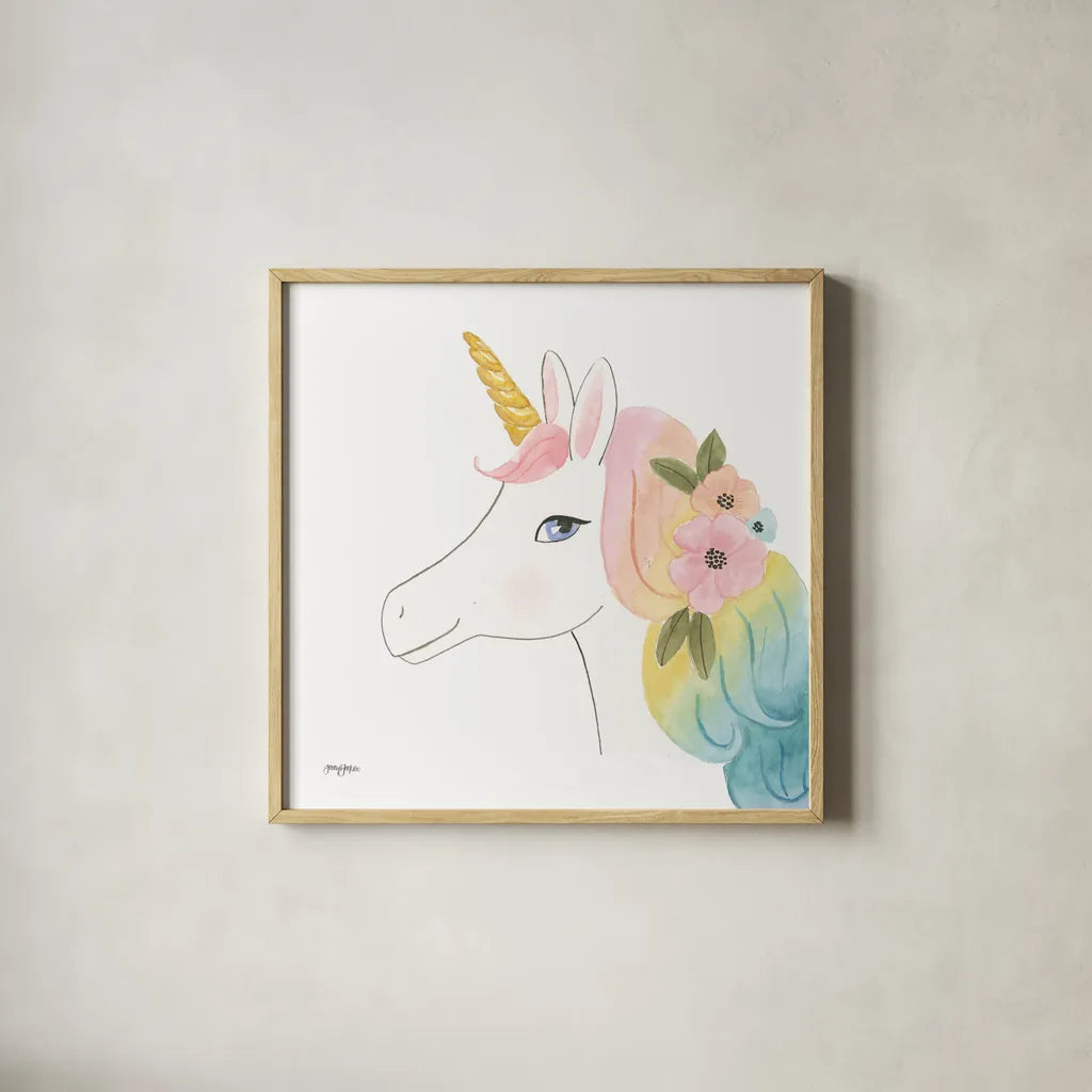 Lets Chase Rainbows V Sq by Jenaya Jackson. Shown in a natural wood glass frame for a timeless modern aesthetic. Available as an archival giclee rolled canvas, fine art paper, or poster print. SKU 83566a.