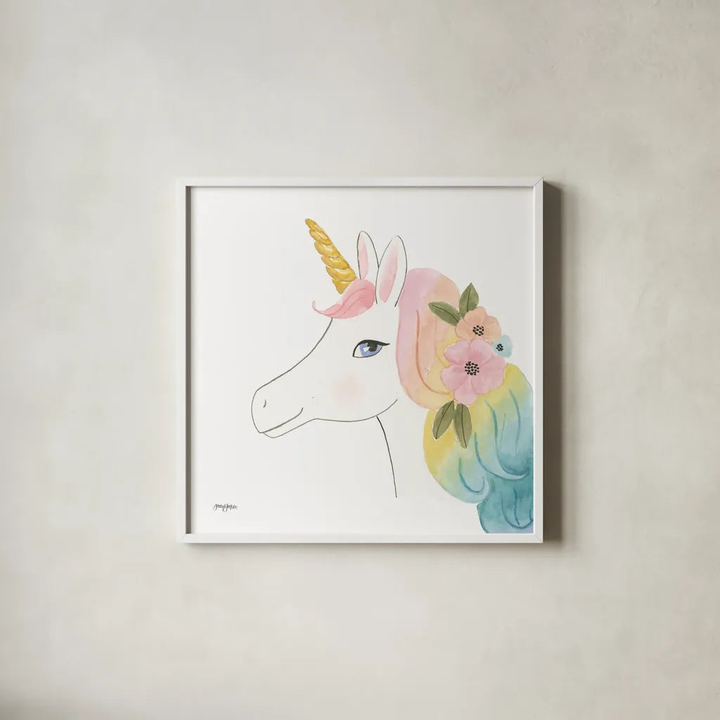 Lets Chase Rainbows V Sq by Jenaya Jackson. Shown in a crisp white glass frame for a clean and minimalist style. Available as an archival giclee rolled canvas, fine art paper, or poster print. SKU 83566a.
