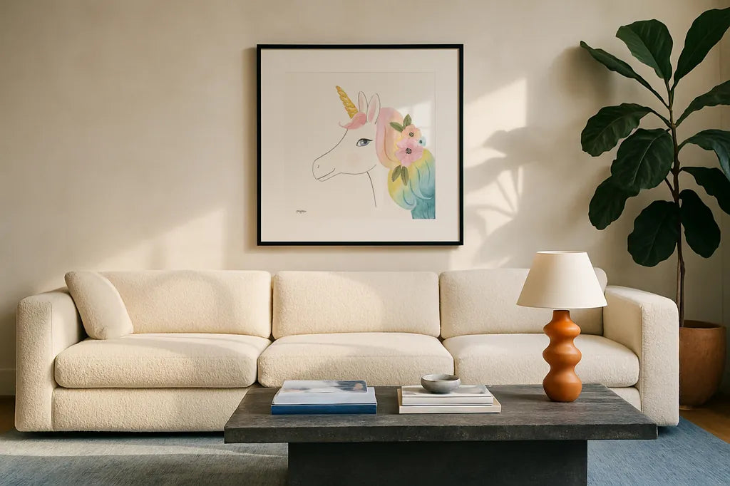 Lets Chase Rainbows V Sq by Jenaya Jackson. Displayed in a glass frame with matte in a clean modern living room. Available as an archival giclee rolled canvas, fine art paper, or poster print. SKU 83566a.