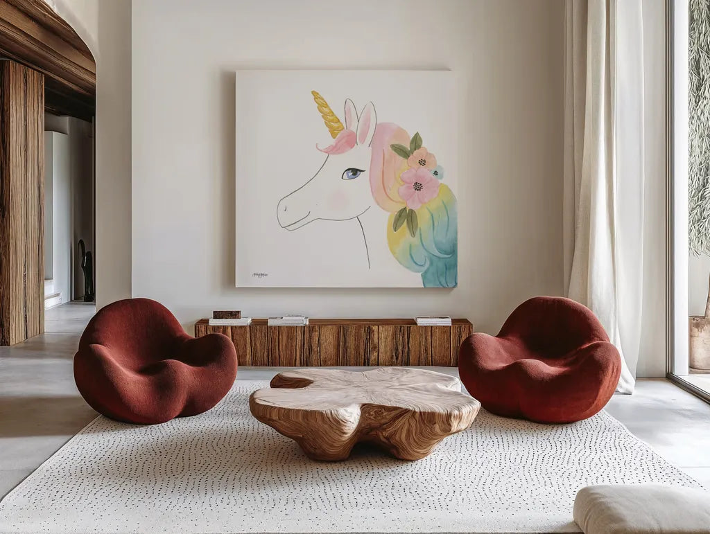 Lets Chase Rainbows V Sq by Jenaya Jackson. Shown as extra-large giant wall art in a modern living room. Available as an archival giclee rolled canvas, fine art paper, or poster print. SKU 83566a.