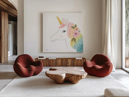 Lets Chase Rainbows V Sq by Jenaya Jackson. Shown as extra-large giant wall art in a modern living room. Available as an archival giclee rolled canvas, fine art paper, or poster print. SKU 83566a.