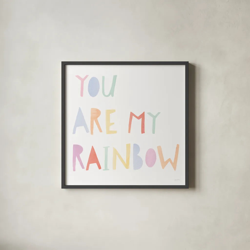 Lets Chase Rainbows X by Jenaya Jackson. Shown in a sleek black glass frame for a contemporary gallery look. Available as an archival giclee rolled canvas, fine art paper, or poster print. SKU 58976a.