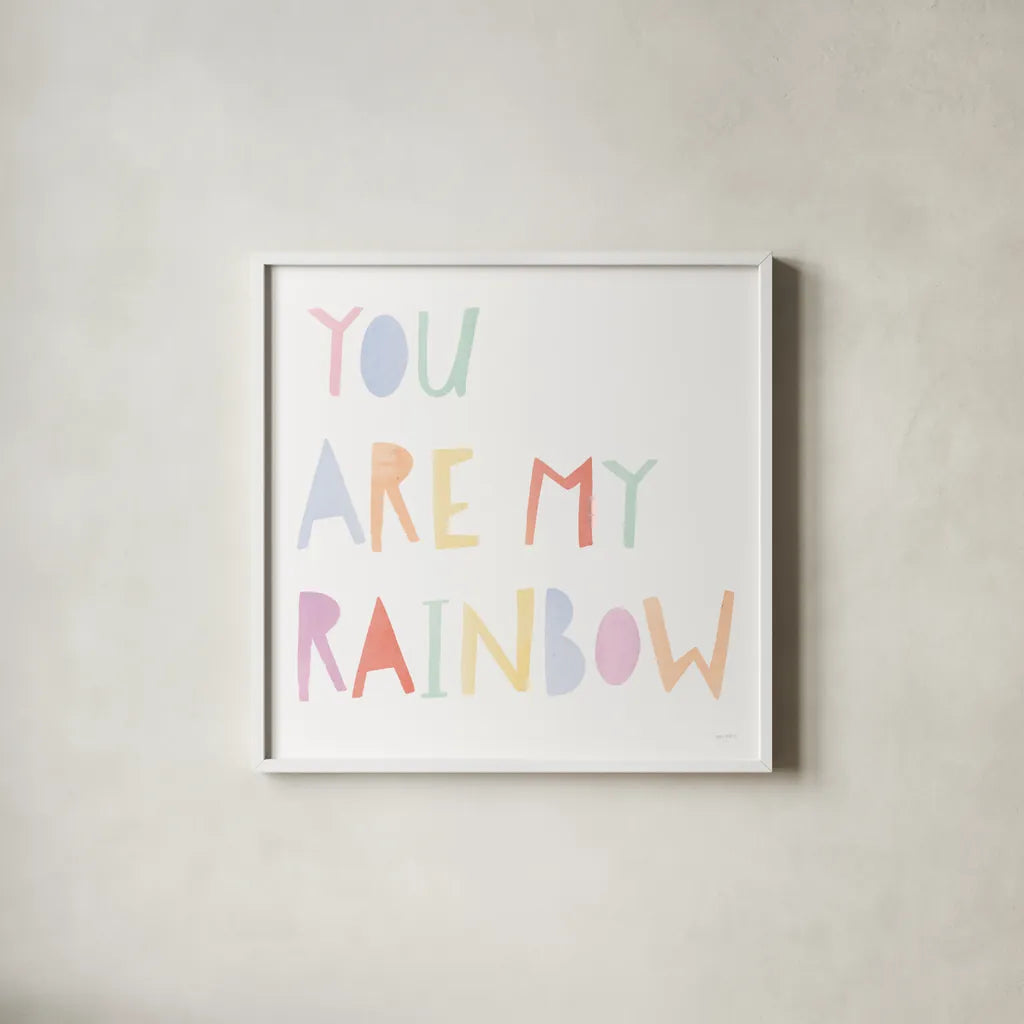Lets Chase Rainbows X by Jenaya Jackson. Shown in a crisp white glass frame for a clean and minimalist style. Available as an archival giclee rolled canvas, fine art paper, or poster print. SKU 58976a.