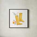 Life in Full Bloom Boots by Jenaya Jackson. Shown in a sleek black glass frame for a contemporary gallery look. Available as an archival giclee rolled canvas, fine art paper, or poster print. SKU 87811a.