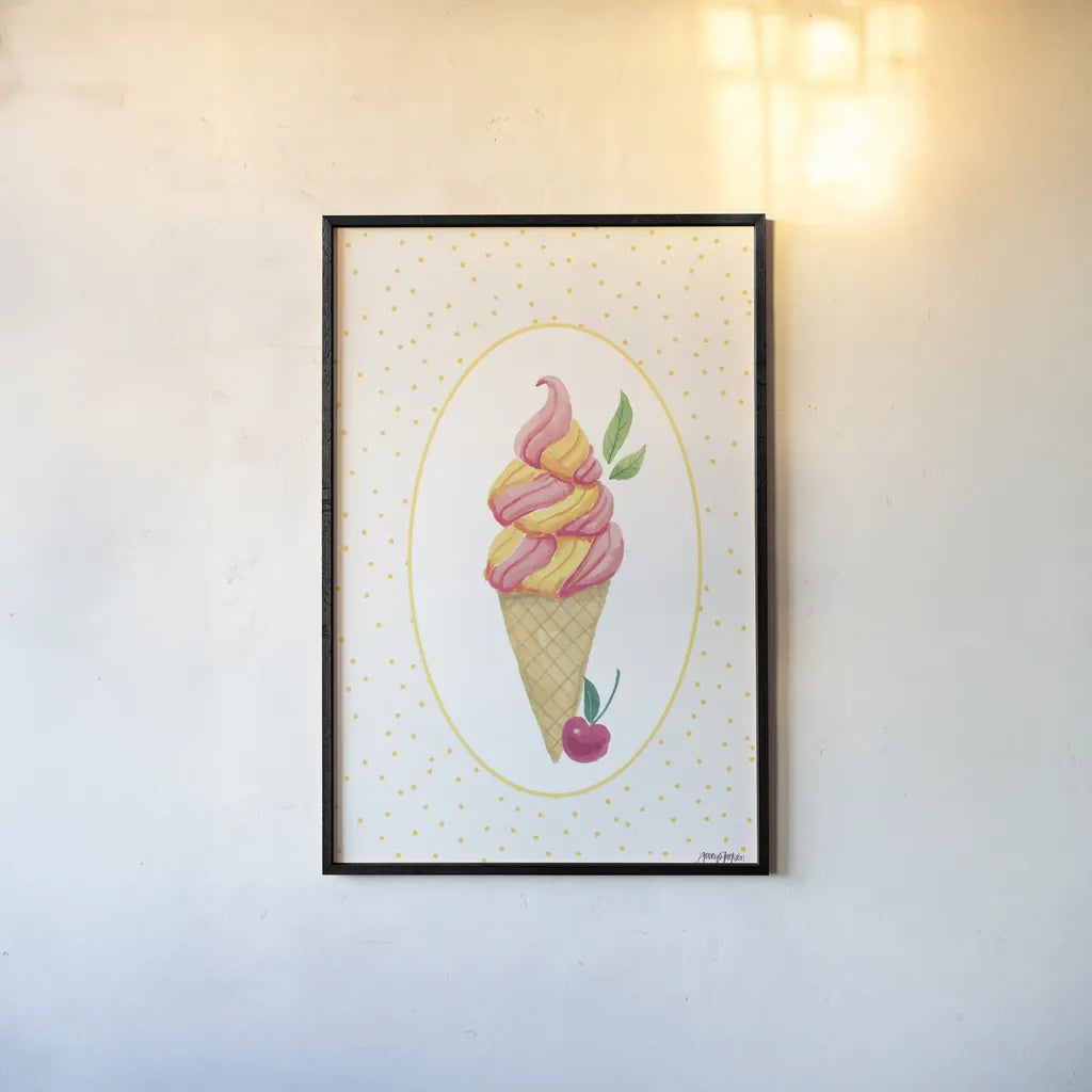 Lifes a Beach Soft Serve by Jenaya Jackson. shown as a paper print in a black flame. Available as a archival giclee rolled canvas, fine art paper, or poster print. SKU 100784h.