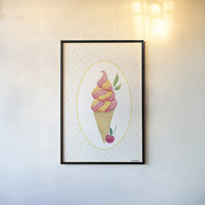Lifes a Beach Soft Serve by Jenaya Jackson. shown as a paper print in a black flame. Available as a archival giclee rolled canvas, fine art paper, or poster print. SKU 100784h.