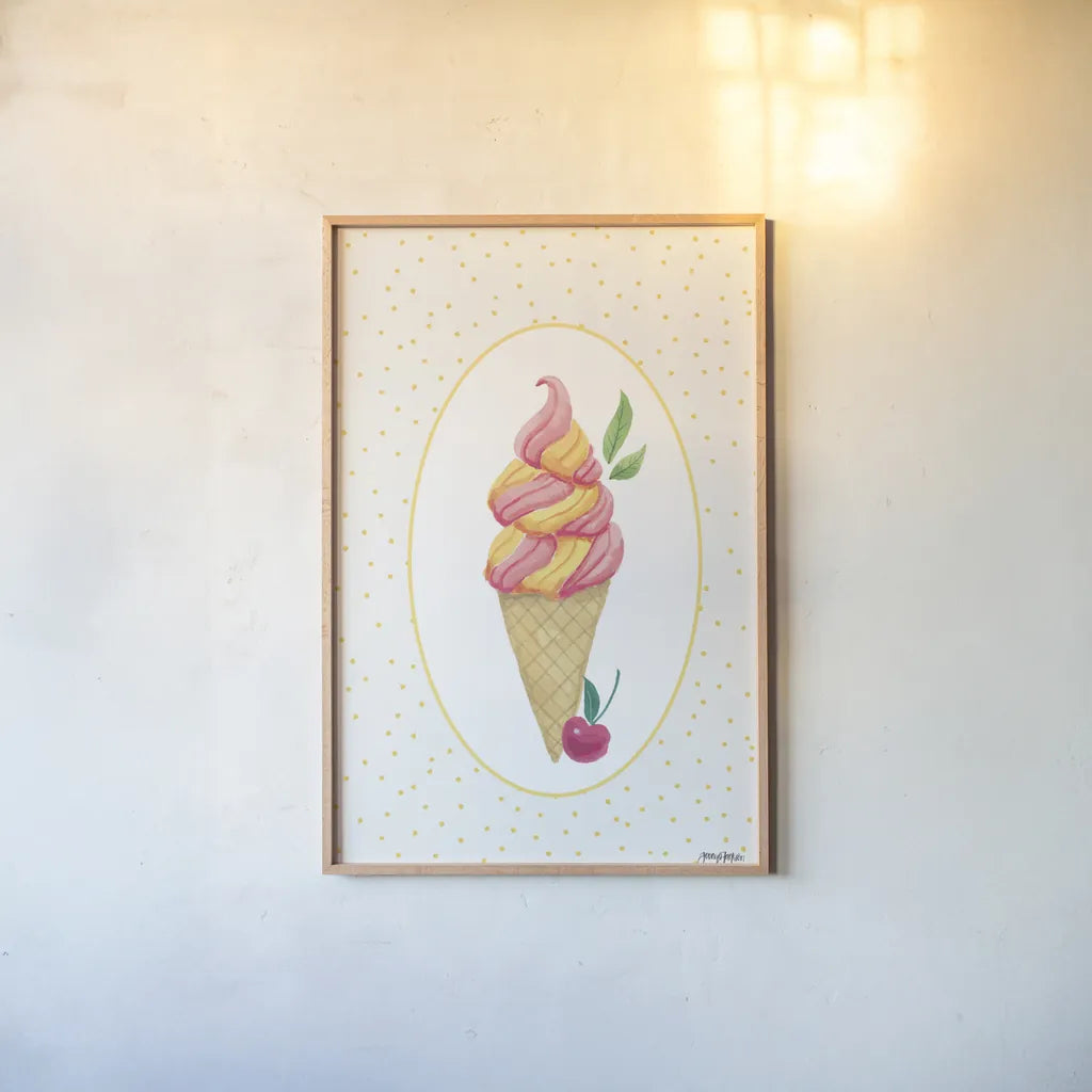 Lifes a Beach Soft Serve by Jenaya Jackson. shown as a paper print in a natural frame. Available as a archival giclee rolled canvas, fine art paper, or poster print. SKU 100784h.