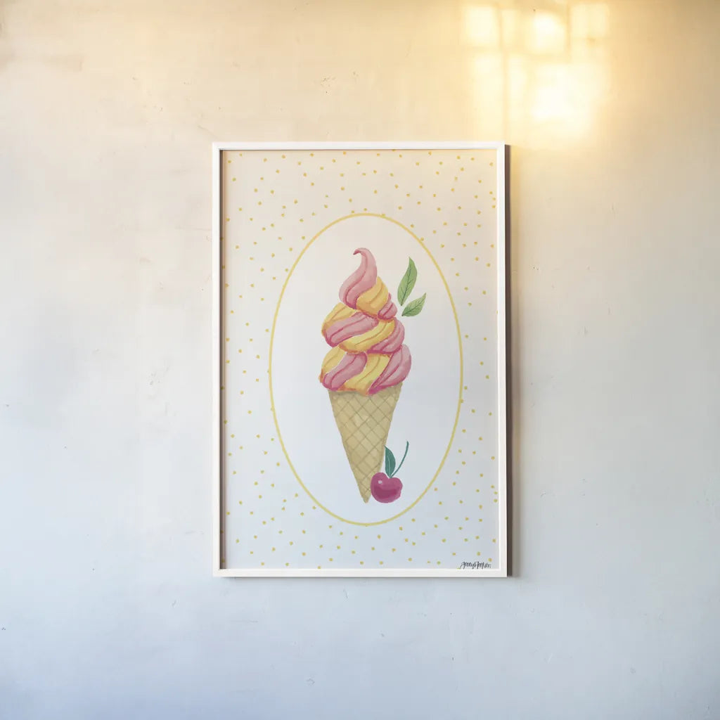 Lifes a Beach Soft Serve by Jenaya Jackson. shown as a paper print in a white frame. Available as a archival giclee rolled canvas, fine art paper, or poster print. SKU 100784h.