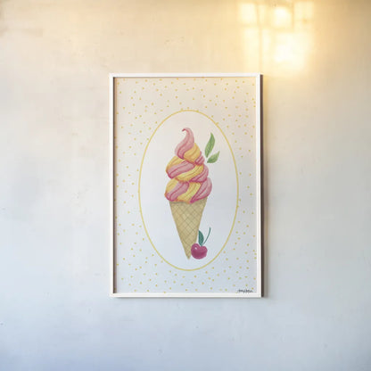 Lifes a Beach Soft Serve by Jenaya Jackson. shown as a paper print in a white frame. Available as a archival giclee rolled canvas, fine art paper, or poster print. SKU 100784h.