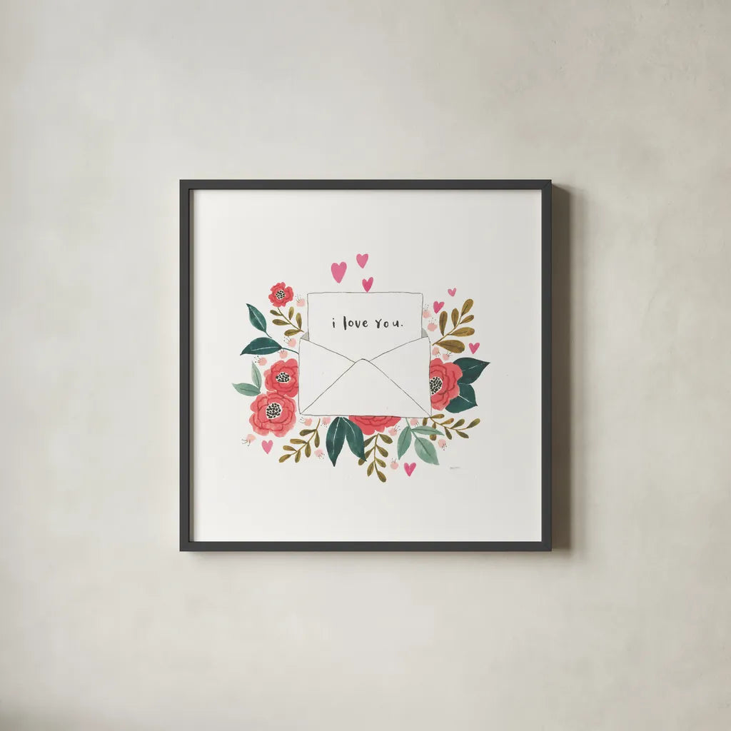 Love Notes I by Jenaya Jackson. Shown in a sleek black glass frame for a contemporary gallery look. Available as an archival giclee rolled canvas, fine art paper, or poster print. SKU 71263a.