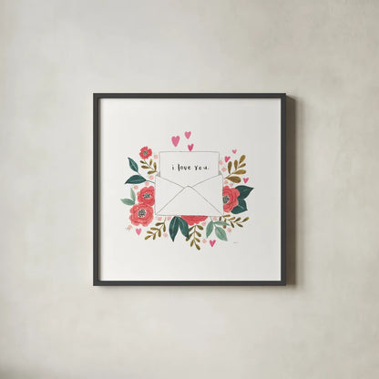 Love Notes I by Jenaya Jackson. Shown in a sleek black glass frame for a contemporary gallery look. Available as an archival giclee rolled canvas, fine art paper, or poster print. SKU 71263a.