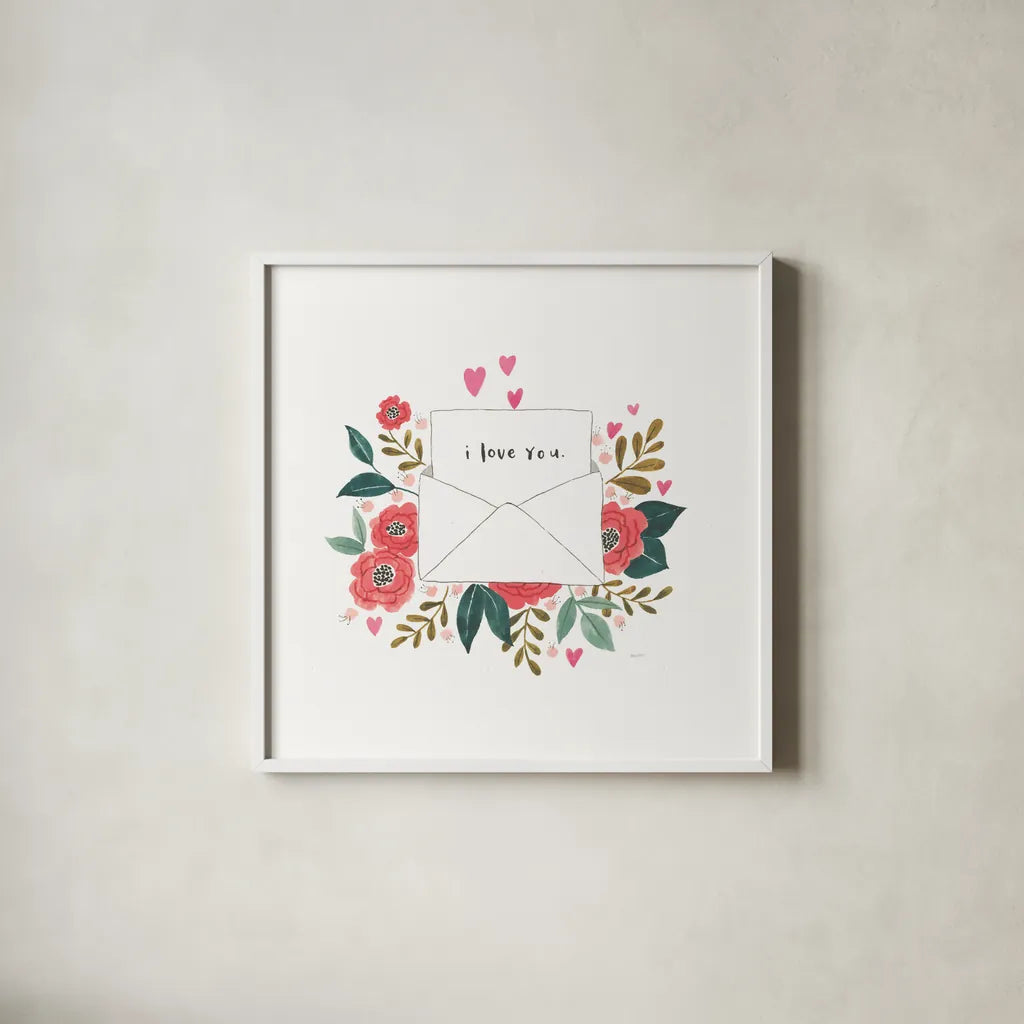 Love Notes I by Jenaya Jackson. Shown in a crisp white glass frame for a clean and minimalist style. Available as an archival giclee rolled canvas, fine art paper, or poster print. SKU 71263a.