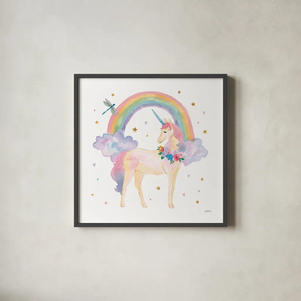 Magical Friends I Dragonfly by Jenaya Jackson. Shown in a sleek black glass frame for a contemporary gallery look. Available as an archival giclee rolled canvas, fine art paper, or poster print. SKU 49961a.