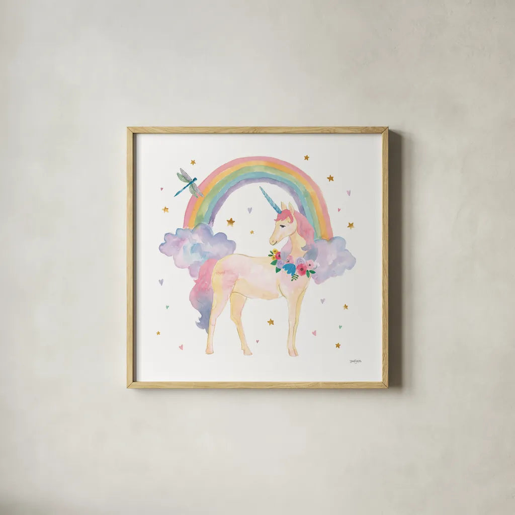 Magical Friends I Dragonfly by Jenaya Jackson. Shown in a natural wood glass frame for a timeless modern aesthetic. Available as an archival giclee rolled canvas, fine art paper, or poster print. SKU 49961a.