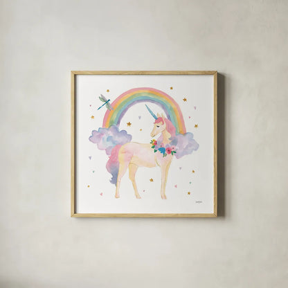 Magical Friends I Dragonfly by Jenaya Jackson. Shown in a natural wood glass frame for a timeless modern aesthetic. Available as an archival giclee rolled canvas, fine art paper, or poster print. SKU 49961a.