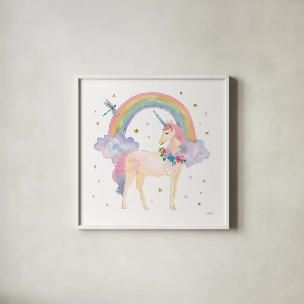 Magical Friends I Dragonfly by Jenaya Jackson. Shown in a crisp white glass frame for a clean and minimalist style. Available as an archival giclee rolled canvas, fine art paper, or poster print. SKU 49961a.