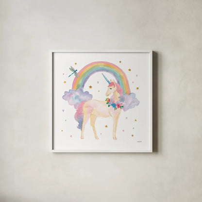 Magical Friends I Dragonfly by Jenaya Jackson. Shown in a crisp white glass frame for a clean and minimalist style. Available as an archival giclee rolled canvas, fine art paper, or poster print. SKU 49961a.