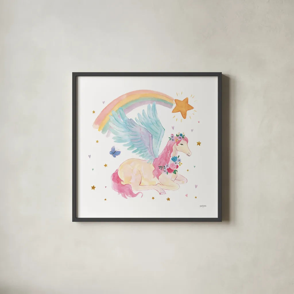 Magical Friends II Butterfly by Jenaya Jackson. Shown in a sleek black glass frame for a contemporary gallery look. Available as an archival giclee rolled canvas, fine art paper, or poster print. SKU 49962a.