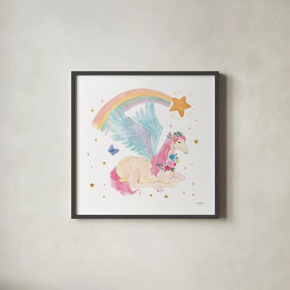 Magical Friends II Butterfly by Jenaya Jackson. Shown in a sleek black glass frame for a contemporary gallery look. Available as an archival giclee rolled canvas, fine art paper, or poster print. SKU 49962a.
