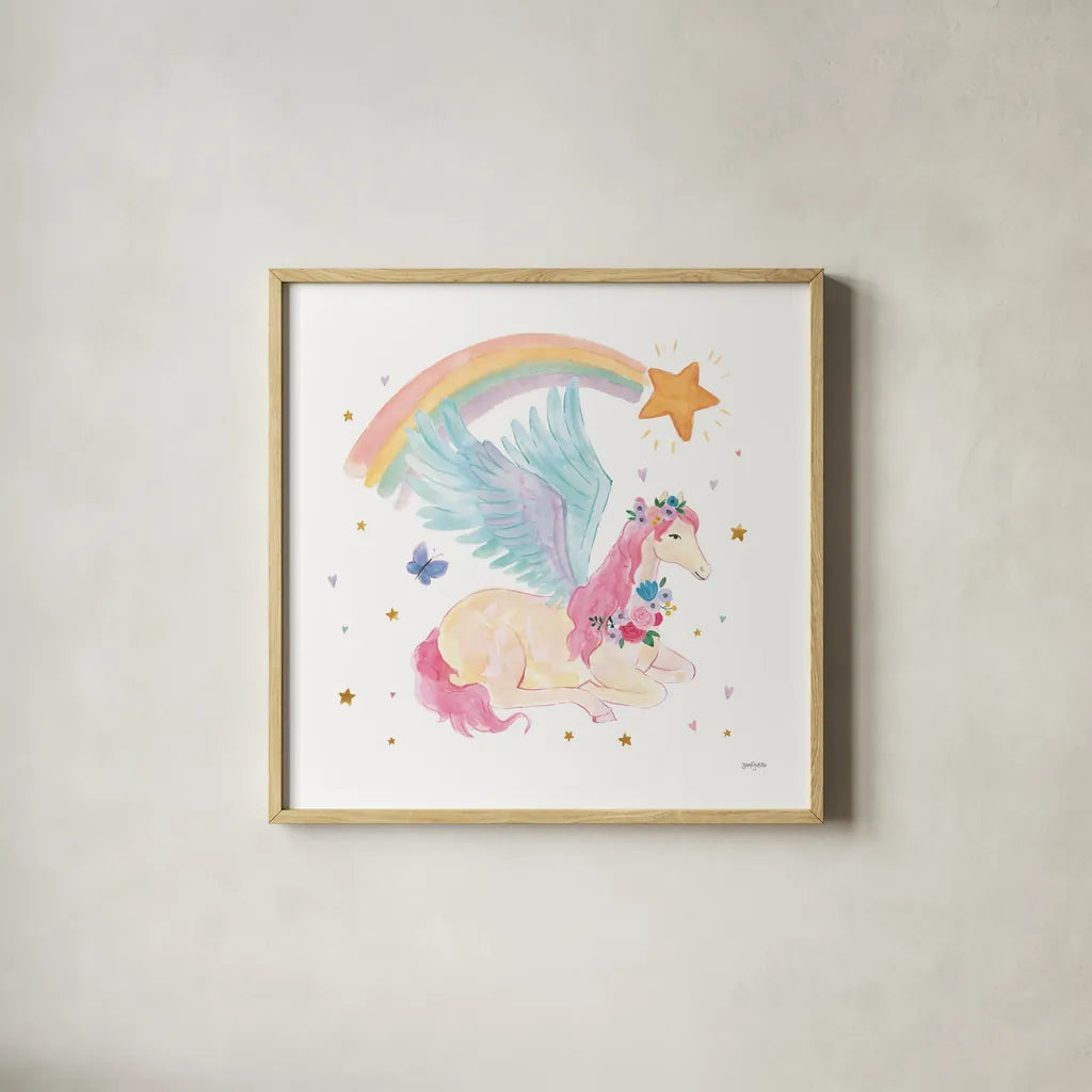 Magical Friends II Butterfly by Jenaya Jackson. Shown in a natural wood glass frame for a timeless modern aesthetic. Available as an archival giclee rolled canvas, fine art paper, or poster print. SKU 49962a.