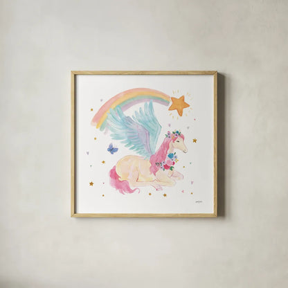 Magical Friends II Butterfly by Jenaya Jackson. Shown in a natural wood glass frame for a timeless modern aesthetic. Available as an archival giclee rolled canvas, fine art paper, or poster print. SKU 49962a.
