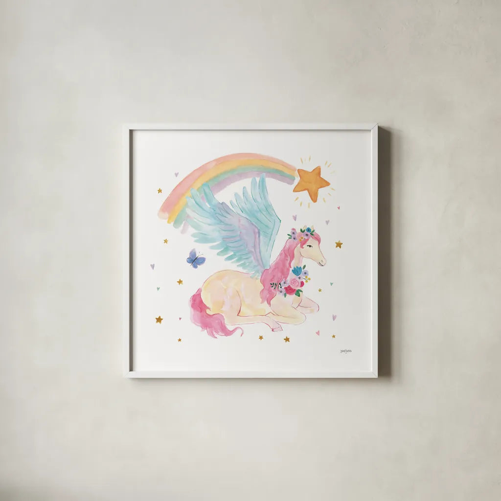 Magical Friends II Butterfly by Jenaya Jackson. Shown in a crisp white glass frame for a clean and minimalist style. Available as an archival giclee rolled canvas, fine art paper, or poster print. SKU 49962a.