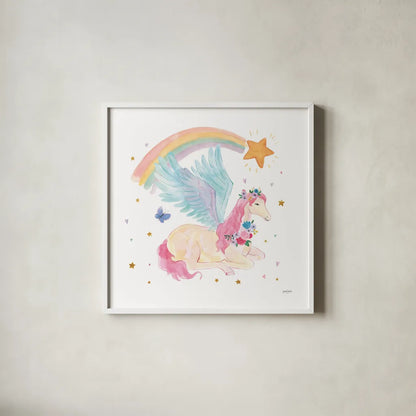 Magical Friends II Butterfly by Jenaya Jackson. Shown in a crisp white glass frame for a clean and minimalist style. Available as an archival giclee rolled canvas, fine art paper, or poster print. SKU 49962a.