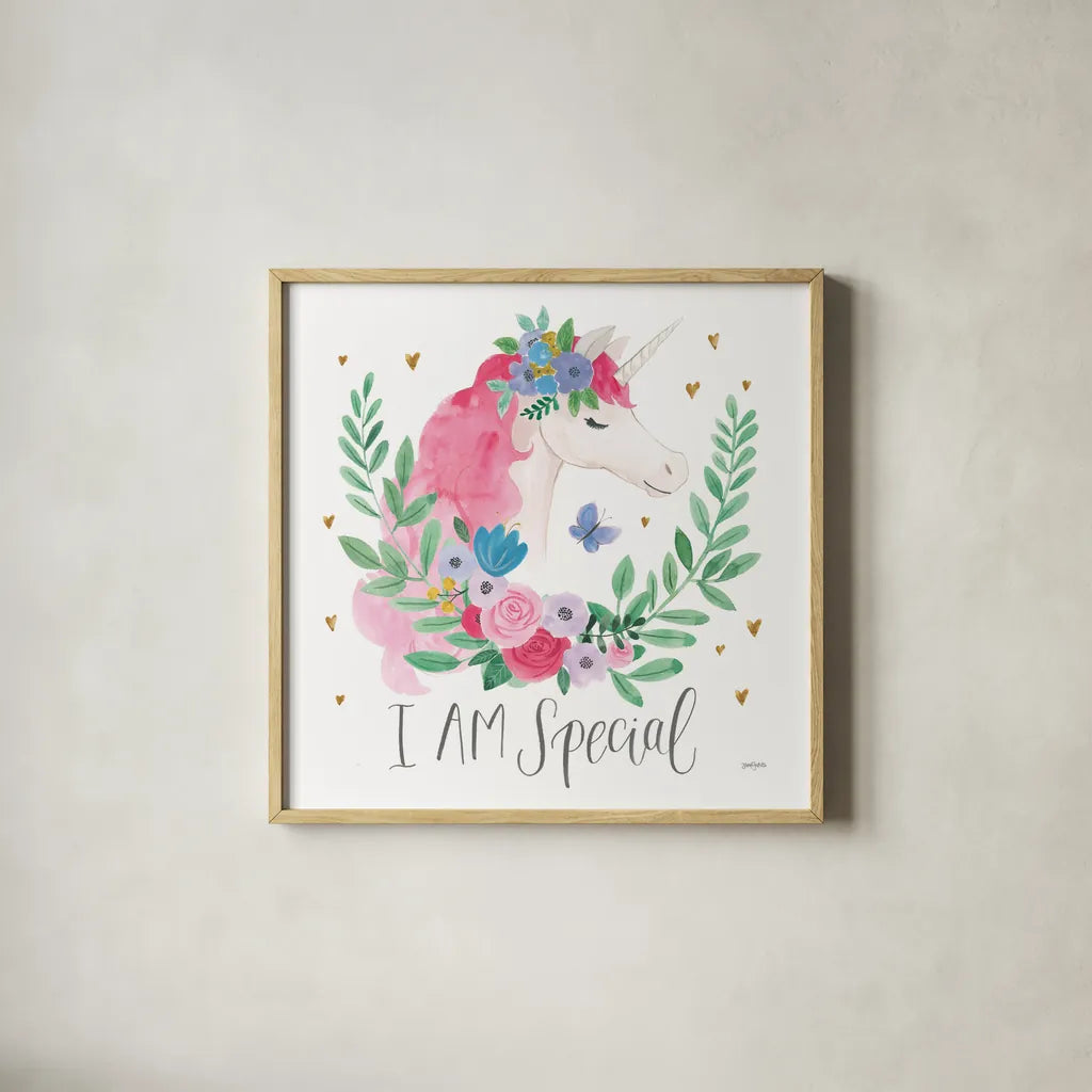 Magical Friends III Butterfly by Jenaya Jackson. Shown in a natural wood glass frame for a timeless modern aesthetic. Available as an archival giclee rolled canvas, fine art paper, or poster print. SKU 49963a.